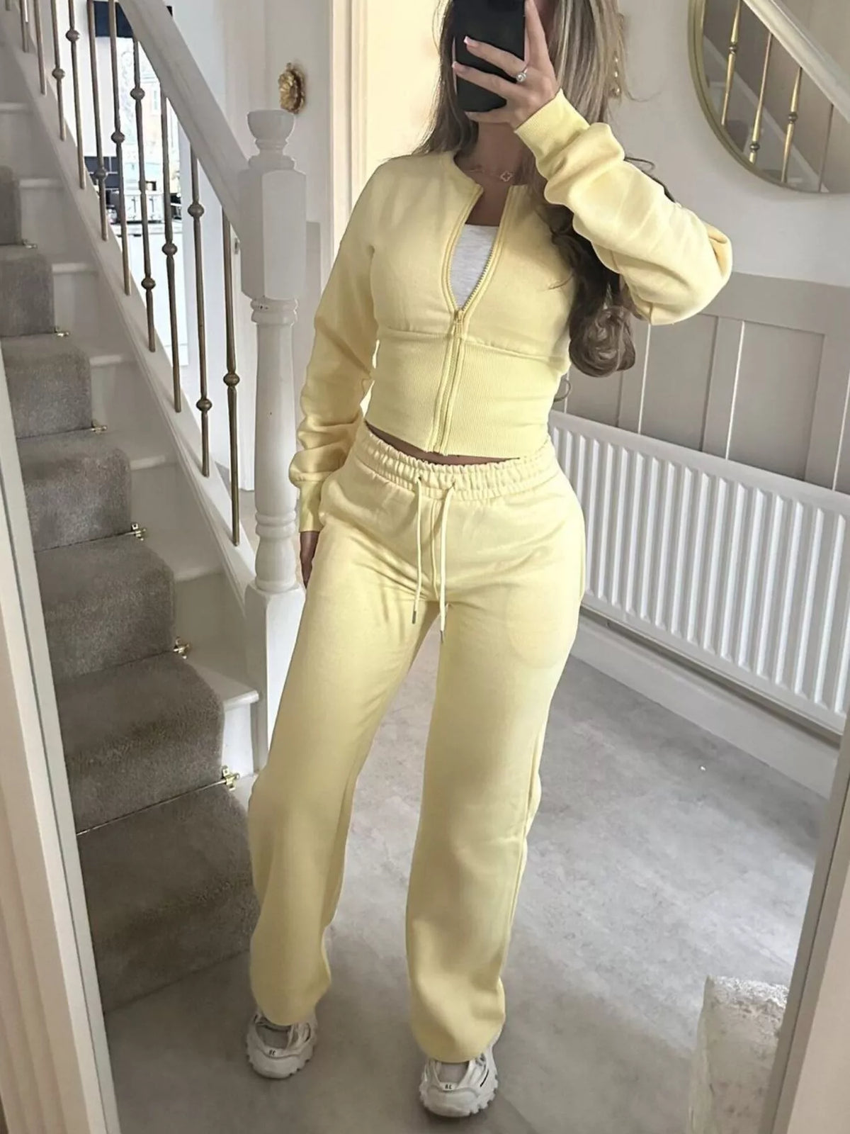 Zip-up Crop Hoodie High-waisted Pants Set (2)