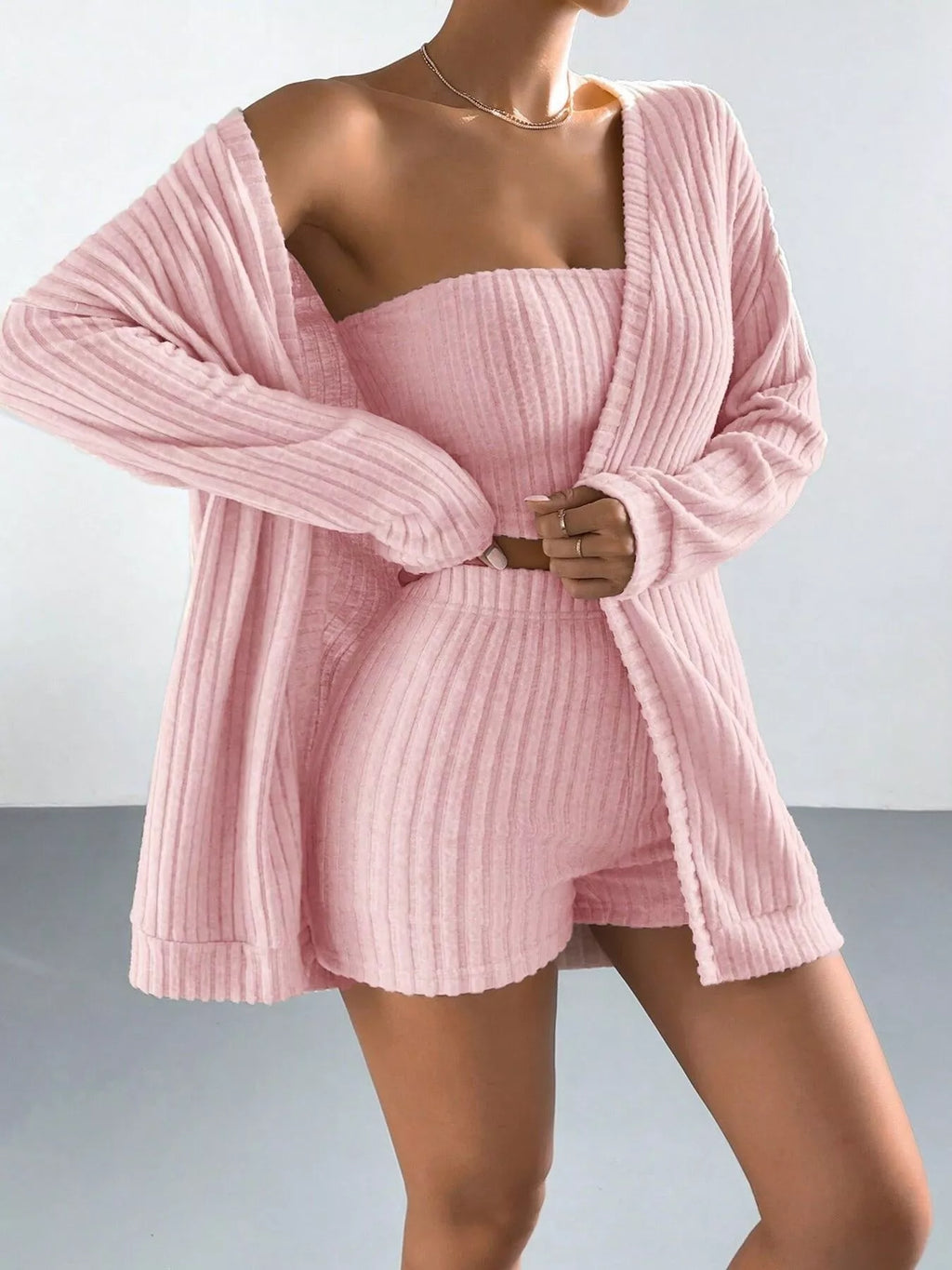 3-piece Ribbed Knit Cardigan Tube Top Shorts Set