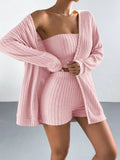 3-piece Ribbed Knit Cardigan Tube Top Shorts Set