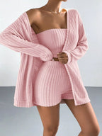 3-piece Ribbed Knit Cardigan Tube Top Shorts Set