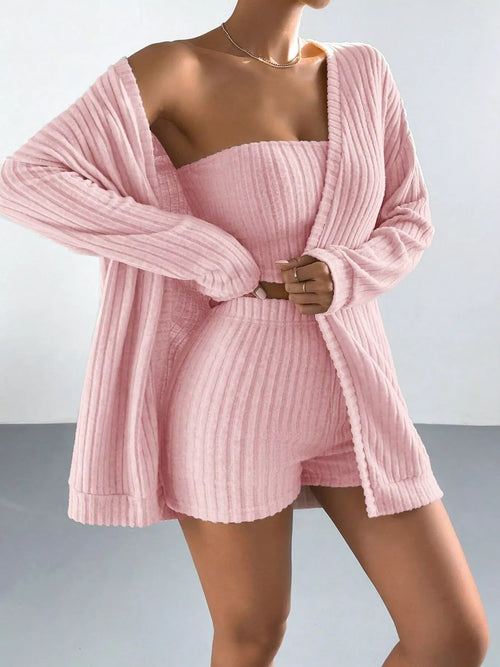 3-piece Ribbed Knit Cardigan Tube Top Shorts Set