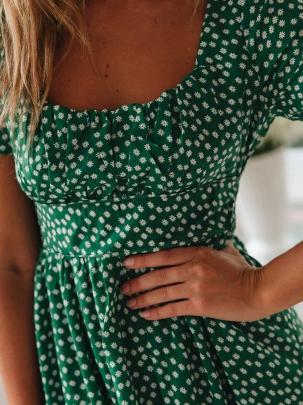 Printed Square Neck Short Sleeve Midi Dress (2)