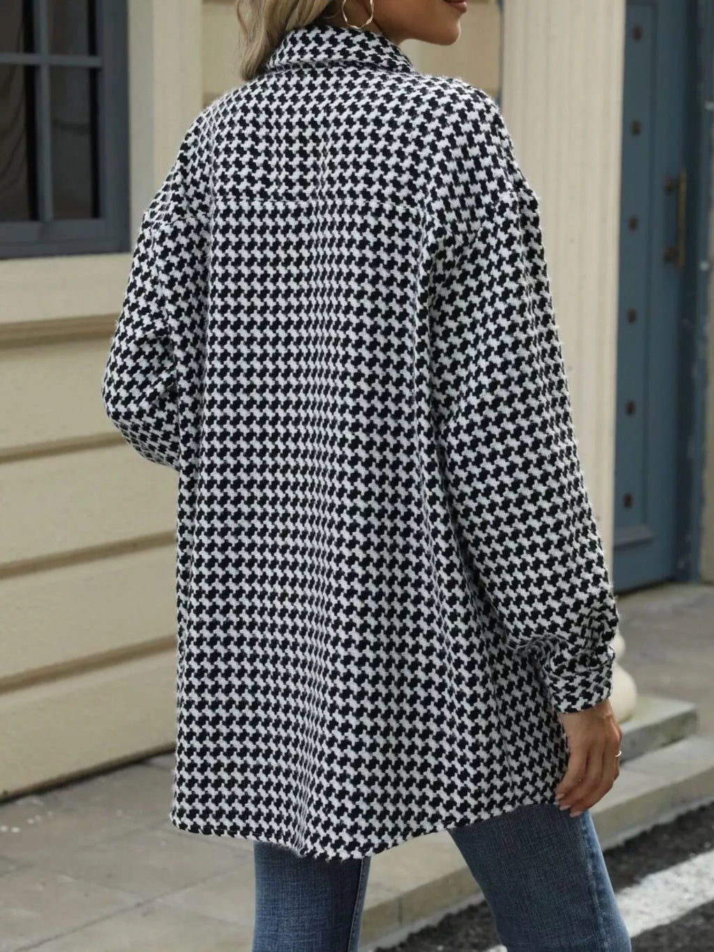 Houndstooth Button Up Long Sleeve Coat (6)