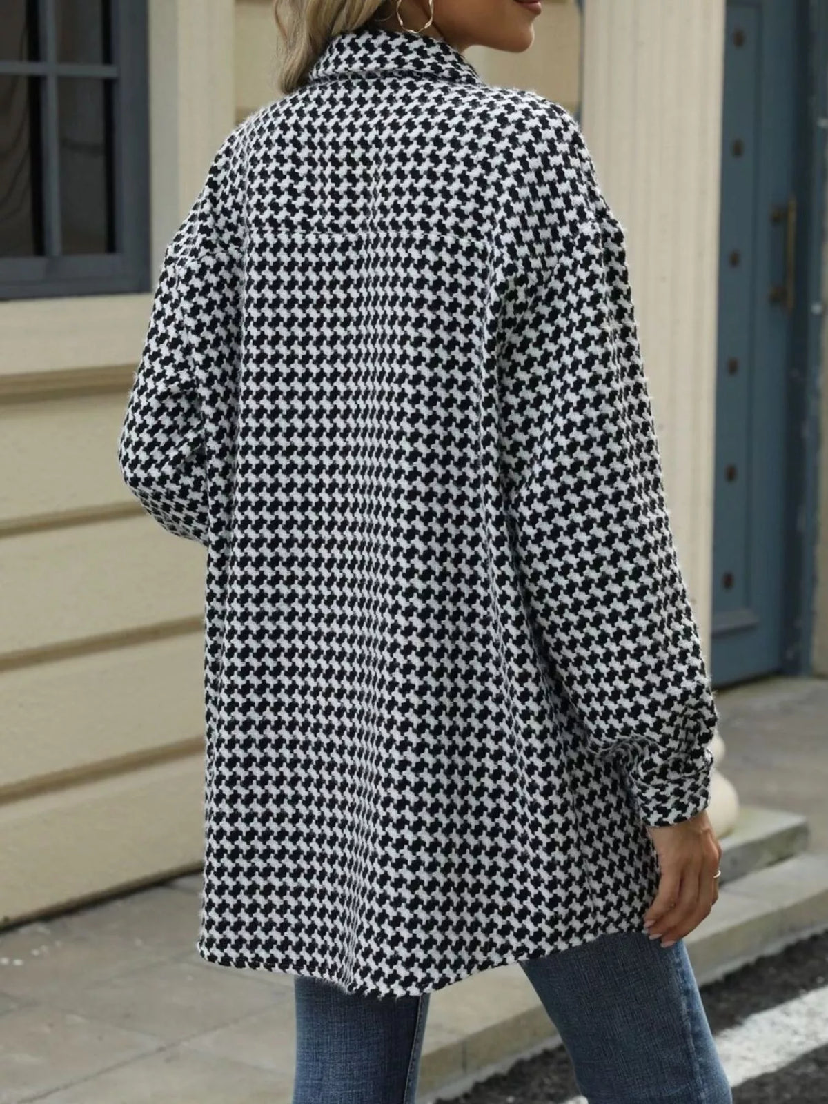 Houndstooth Button Up Long Sleeve Coat (6)