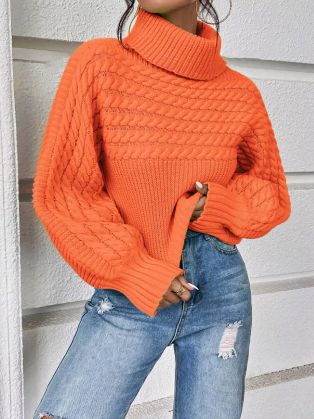 Textured Knit Turtleneck Long Sleeve Sweater (3)
