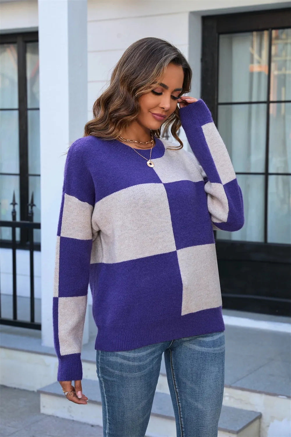 Block Round Neck Dropped Shoulder Sweater (17)