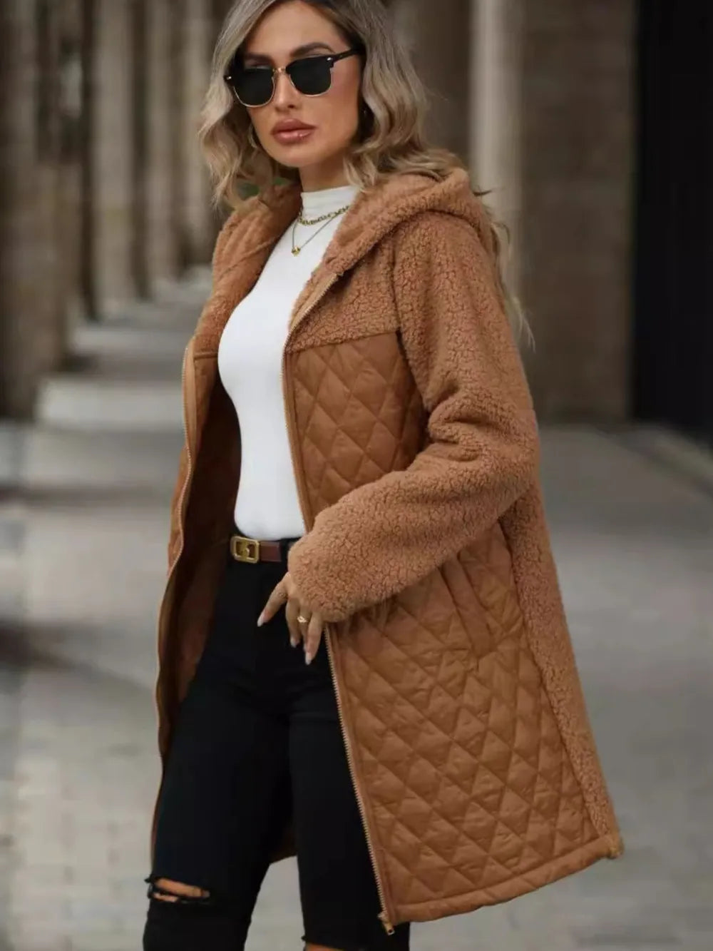 Texture Zip Up Long Sleeve Hooded Coat (3)