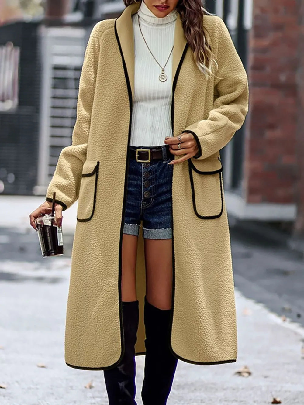 Full Size Contrast Trim Long Sleeve Coat Pockets