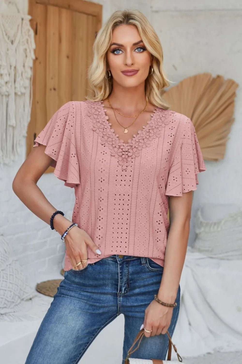 Eyelet Applique V-neck Cap Sleeve T-shirt (27)