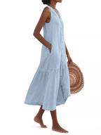 Full Size V-neck Button Front Sleeveless Midi Dress Plus (12)