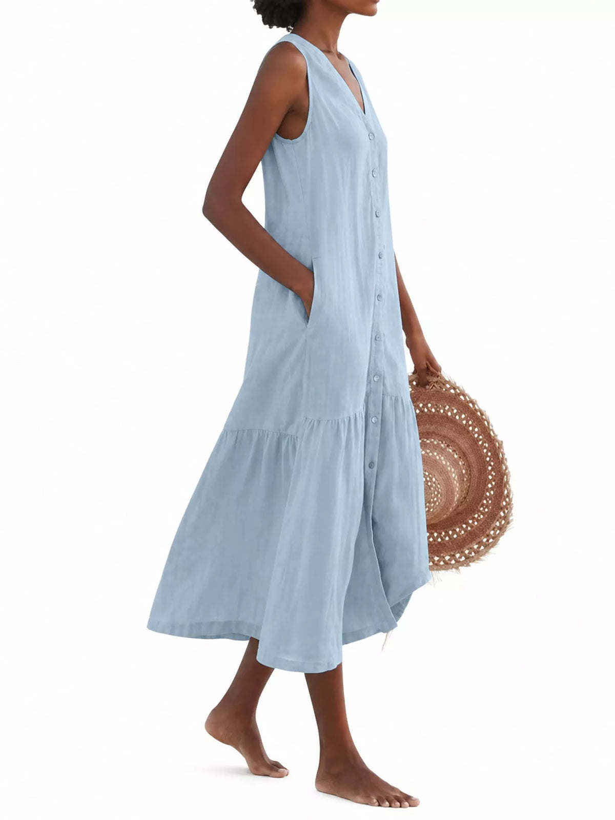 Full Size V-neck Button Front Sleeveless Midi Dress Plus (12)