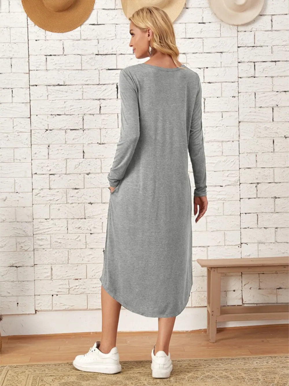 Pocketed Round Neck Long Sleeve Tee Dress (5)