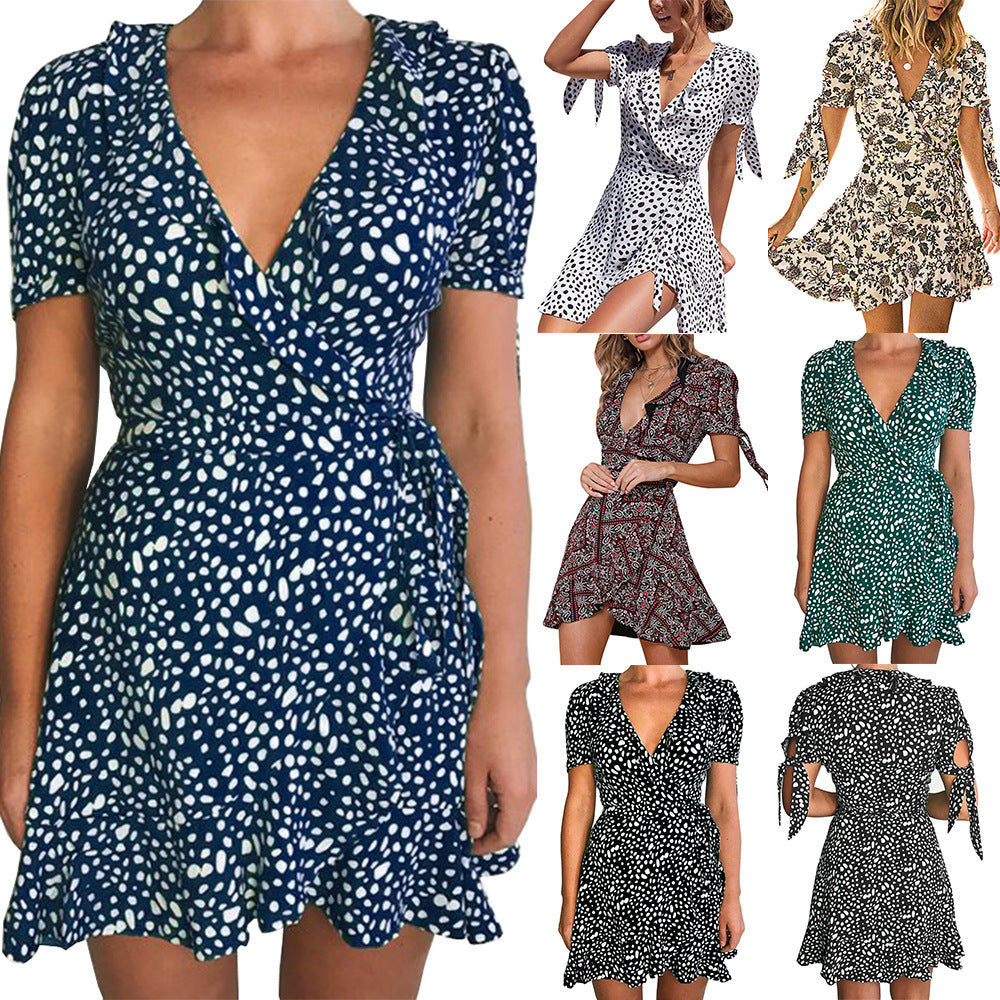 V-neck Short Sleeve Printed Skirt Dress photo 16
