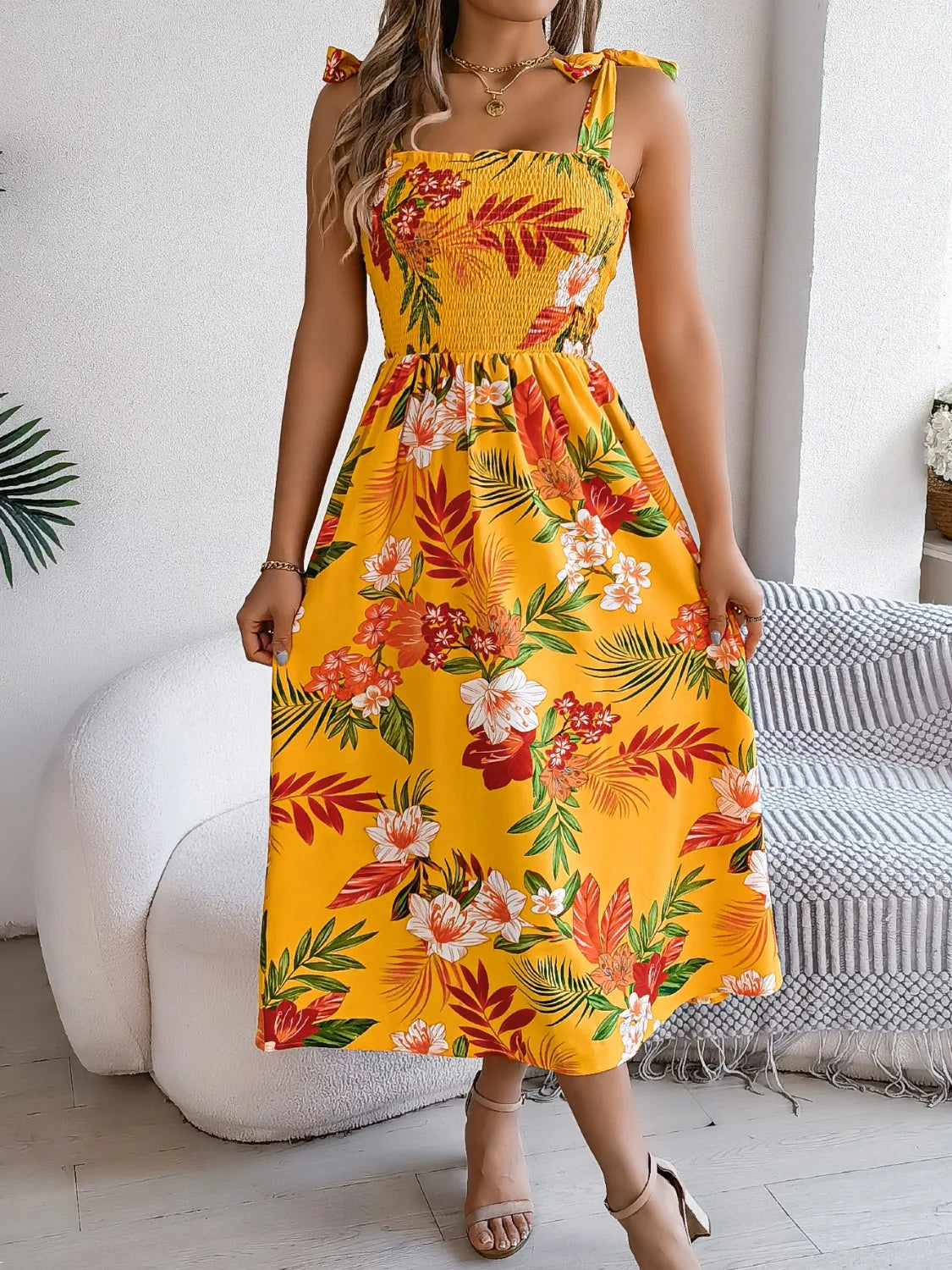 Smocked Floral Tie Shoulder Midi Dress (7)