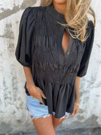 Full Size Smocked Button Front Puff Sleeve Shirt Plus (12)