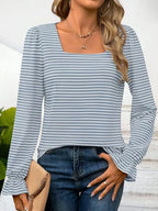 Striped Square Neck Flounce Sleeve Top (24)