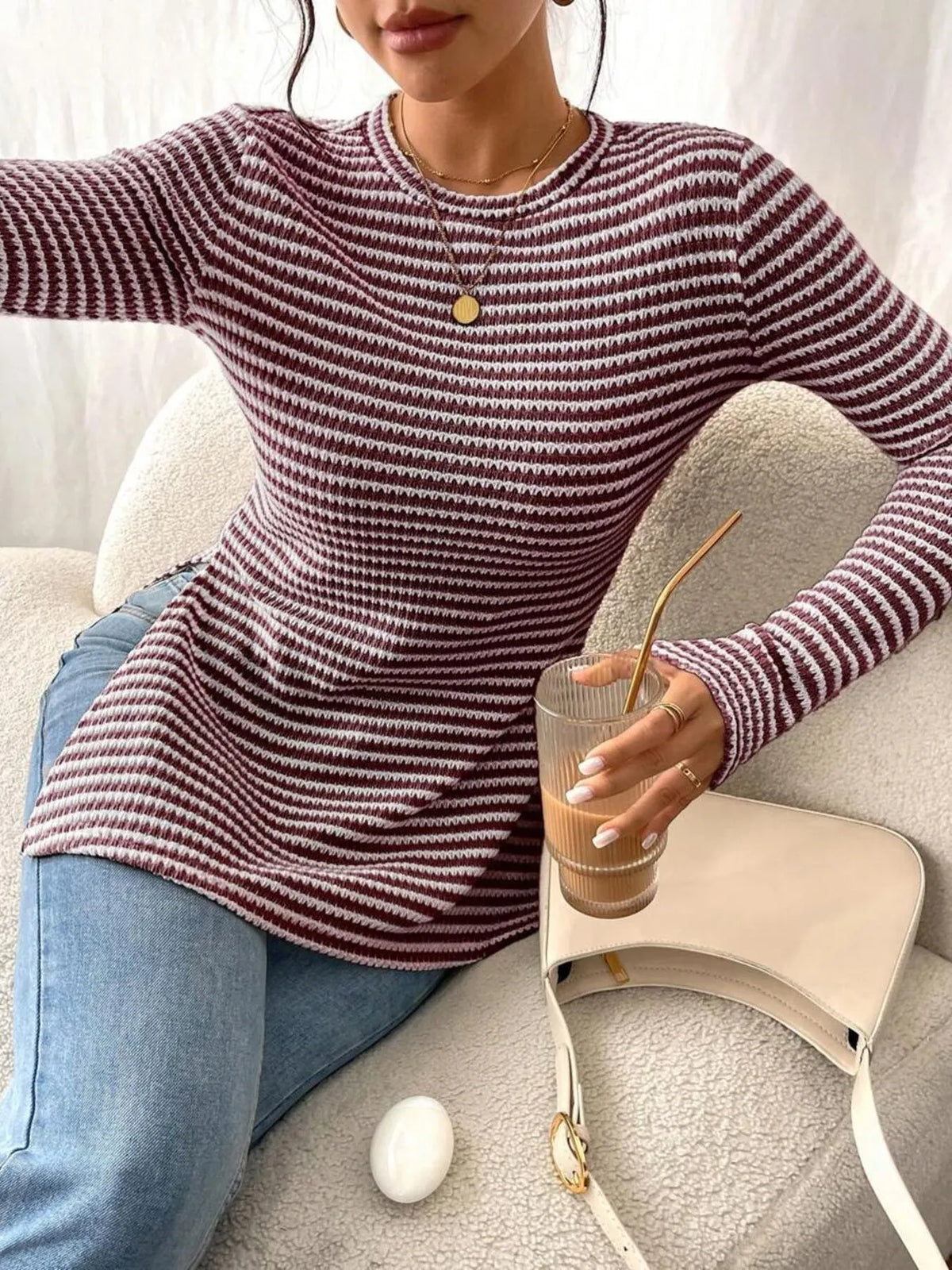 Side Slit Striped Long Sleeve T-shirt (21)