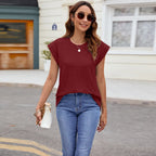 Textured Round Neck Cap Sleeve T-shirt (29)