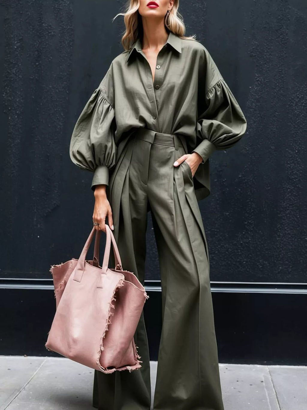 Lantern Sleeve Shirt Wide Leg Pants Set
