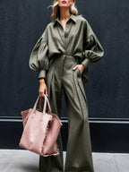 Lantern Sleeve Shirt Wide Leg Pants Set
