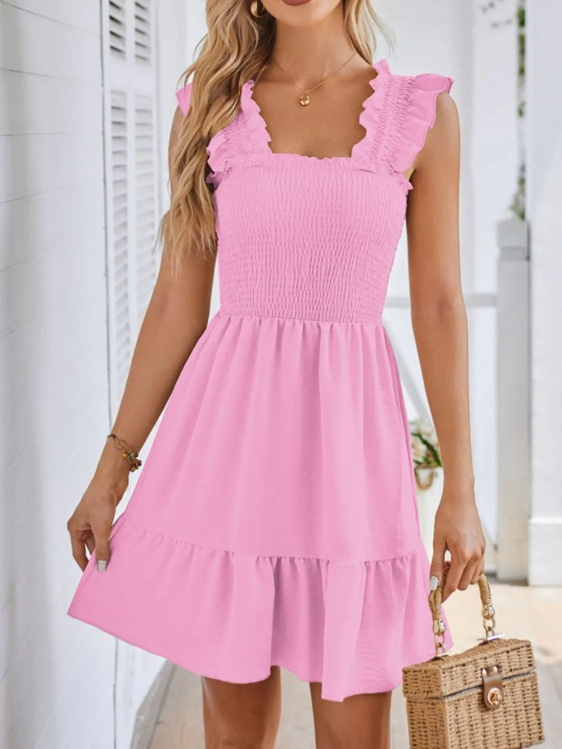Smocked Square Neck Wide Strap Dress (20)