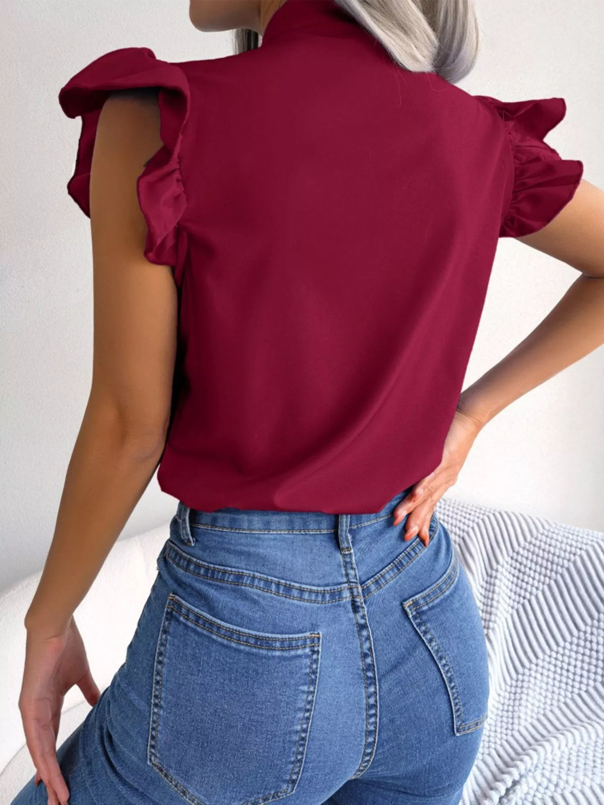 Bow Tie Ruffle Sleeve Blouse (7)
