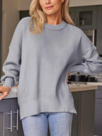 Slit Round Neck Dropped Shoulder Sweater (20)