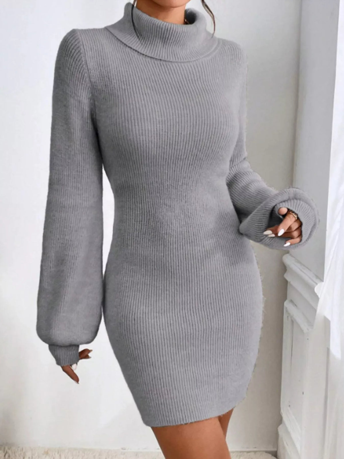 Turtleneck Ribbed Knit Sweater Dress (9)
