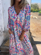 Full Size Printed V-neck Dress Pockets Plus (6)