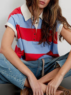 Half Button Striped Short Sleeve Cropped Polo Shirt (3)