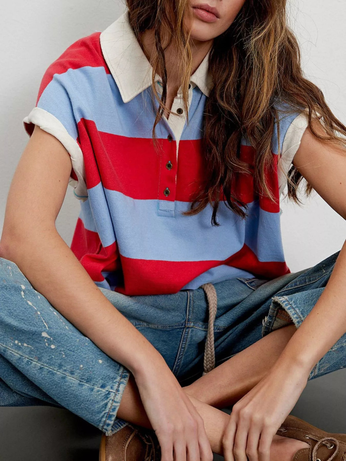 Half Button Striped Short Sleeve Cropped Polo Shirt (3)