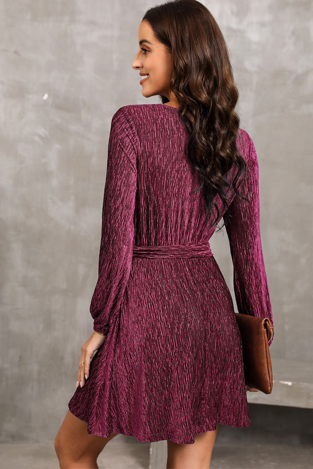 Round Neck Tie Front Long Sleeve Dress (8)