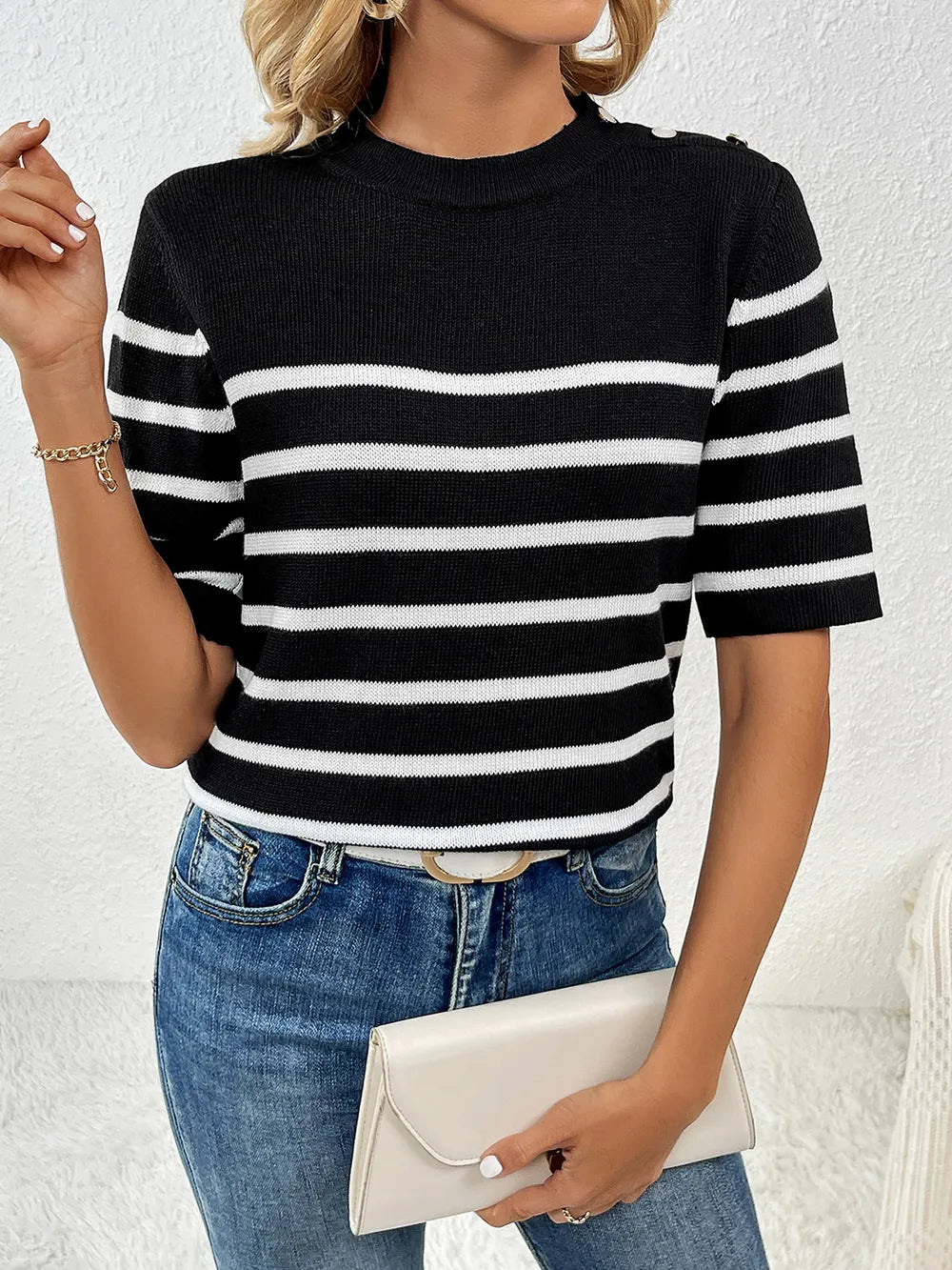 Striped Round Neck Half Sleeve Knit Top (4)