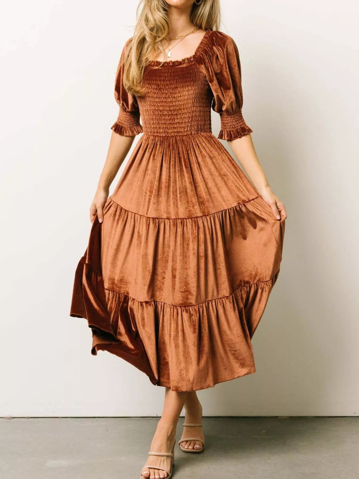 Velvet Smocked Tiered Midi Dress (4)