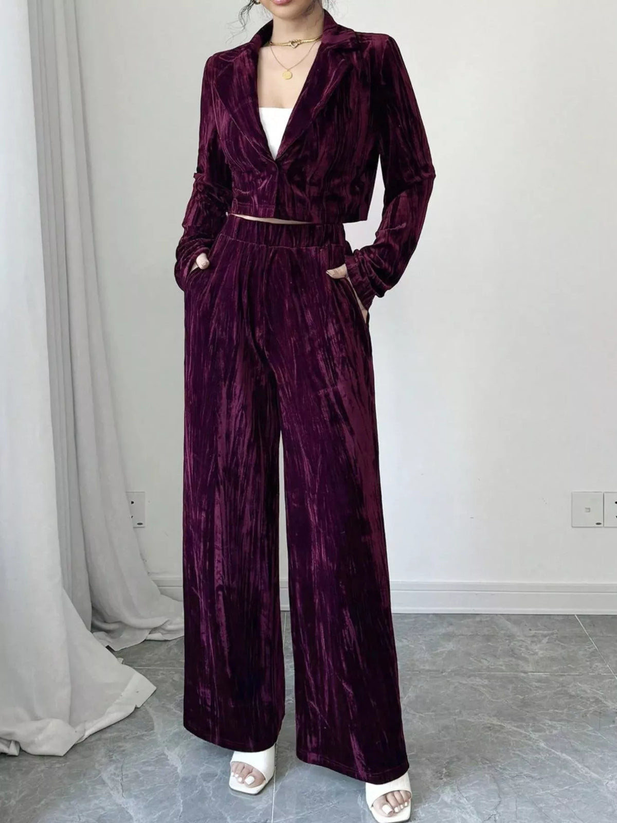 Pleated Velvet Blazer Wide Leg Pants Set (11)