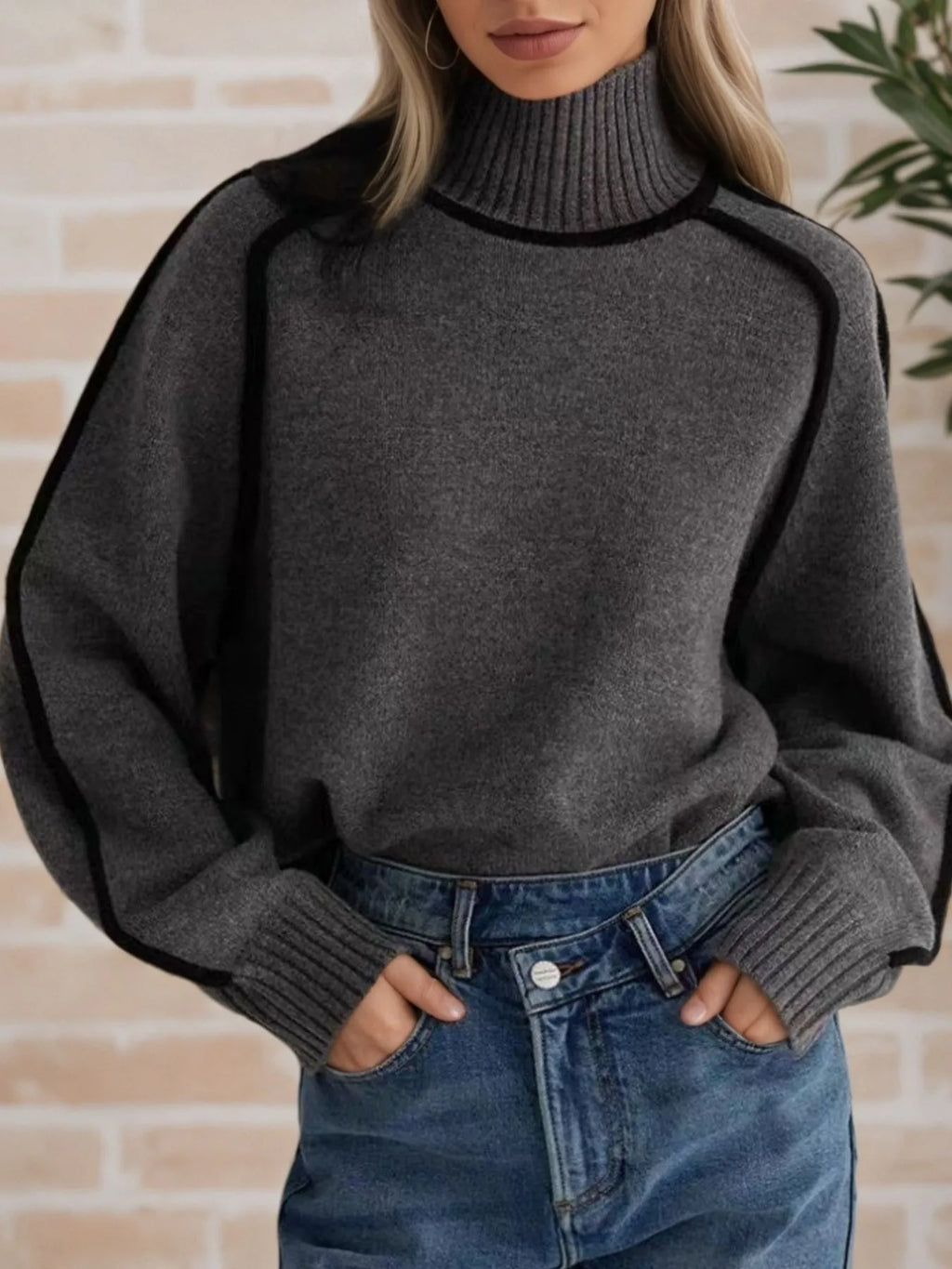 Contrast Trim Turtleneck Sweater (16)