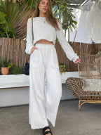 Waffle-knit Round Neck Top Pants Set (3)