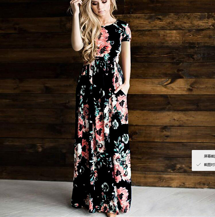 Flower Print Maxi Dress variant CJNSSYLY00207-Black-L|CJNSSYLY00207-Black-S|CJNSSYLY00207-Black-3XL|CJNSSYLY00207-Black-XXL|CJNSSYLY00207-Black-XL|CJNSSYLY00207-Black-M