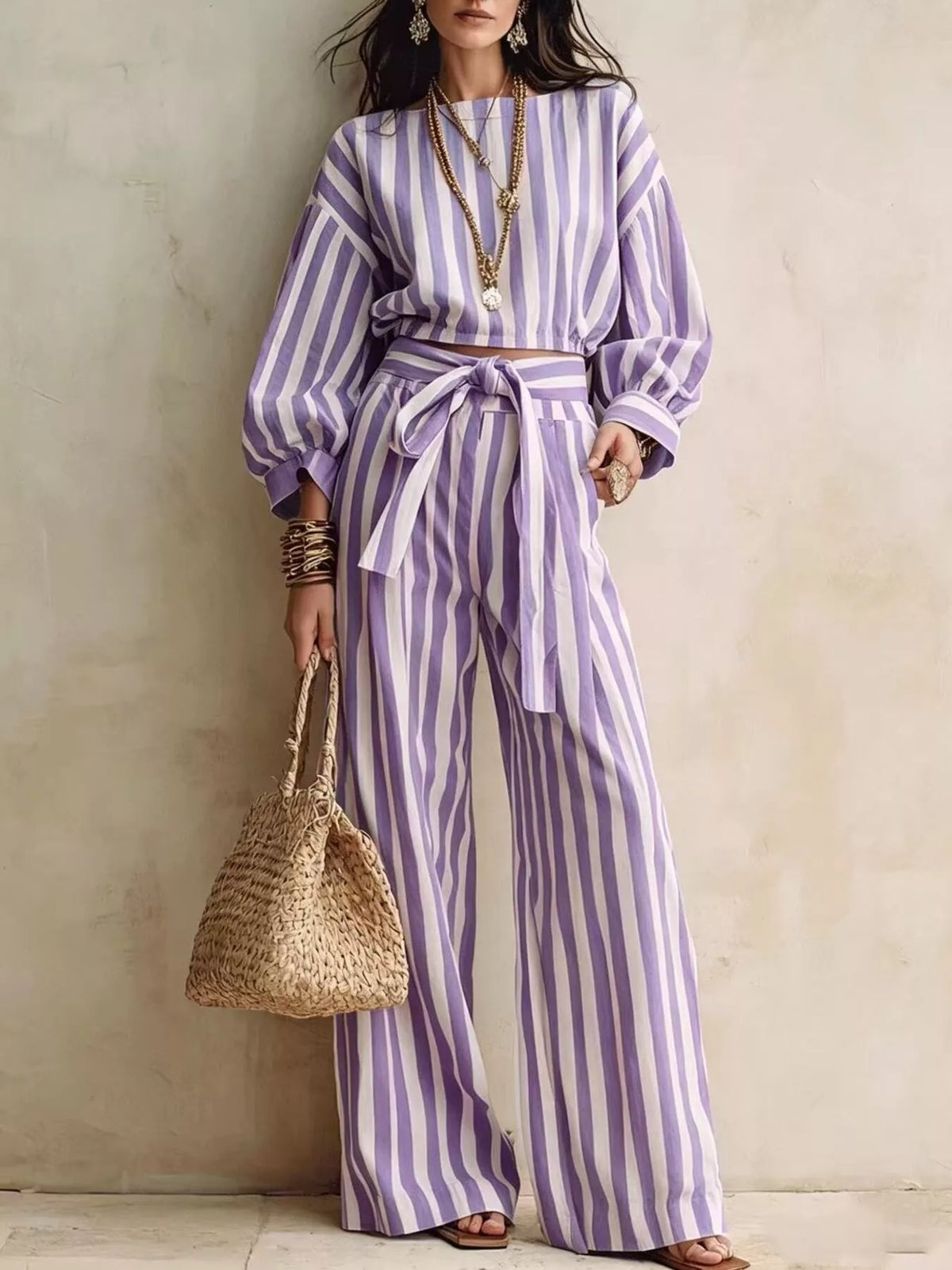 Striped Long Sleeve Top Pants Two-piece Set (12)