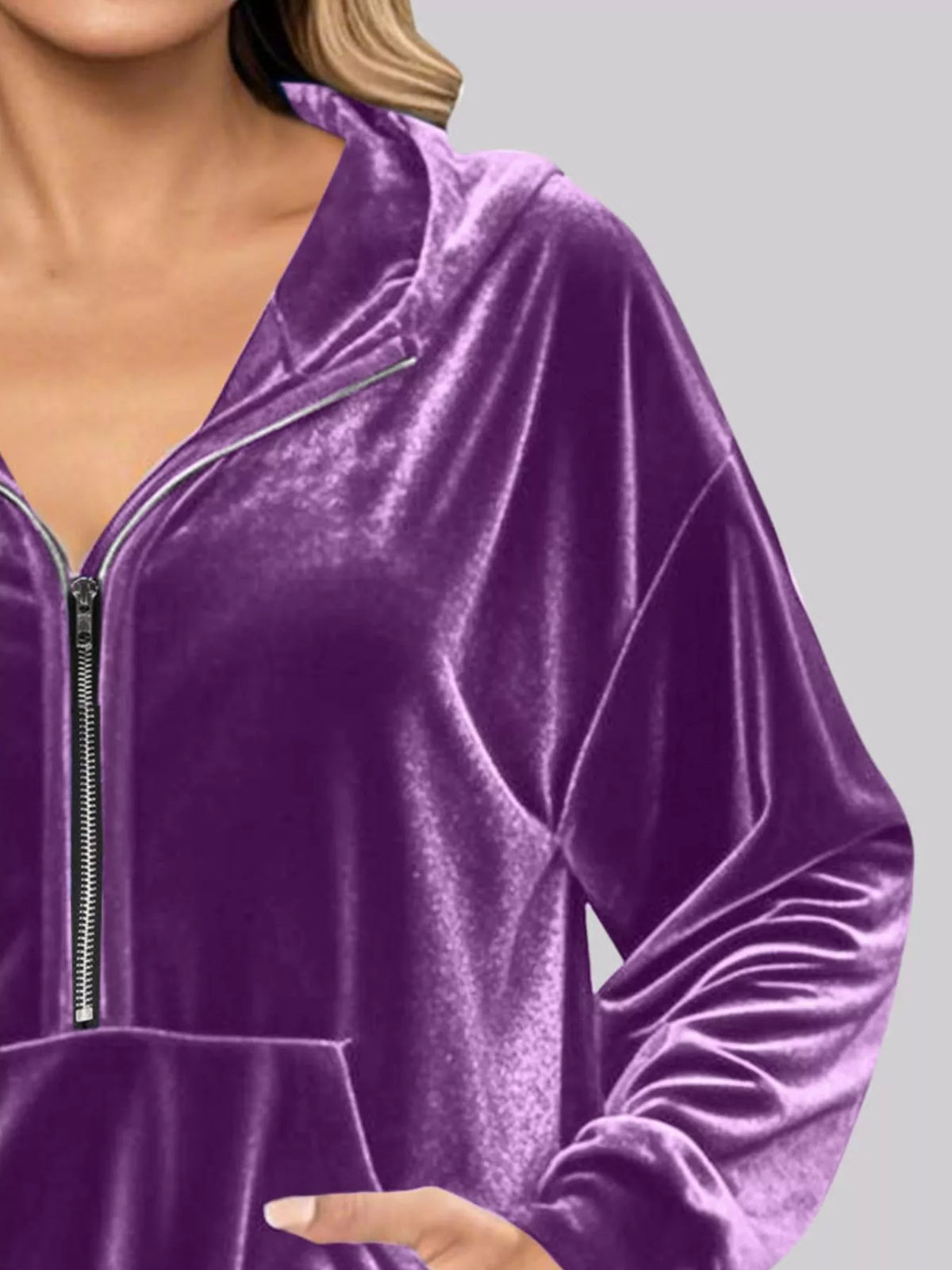 Full Size Velvet Half Zip Hoodie Kangaroo Pocket Plus (8)