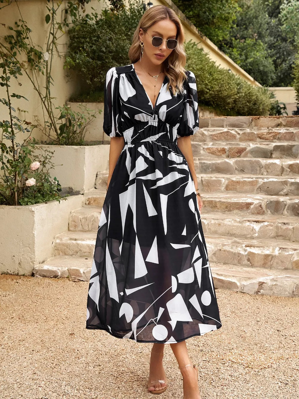 Smocked Printed V-neck Half Sleeve Midi Dress (13)