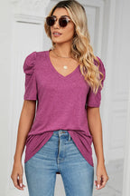 Heathered V-neck Puff Sleeve T-shirt (4)