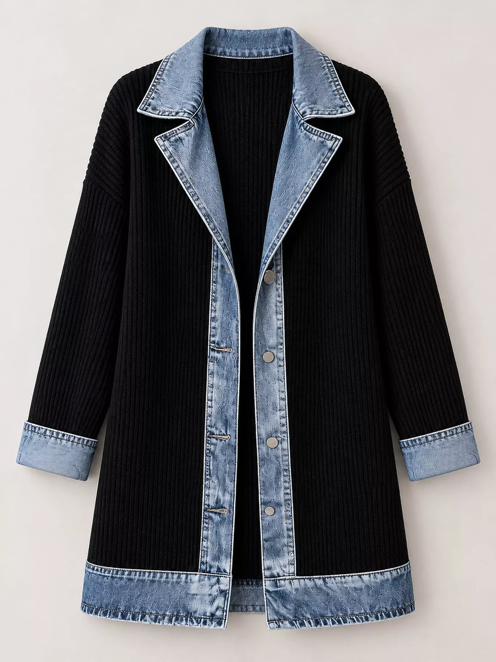 Full Size Denim Trim Ribbed Knit Cardigan Plus (4)