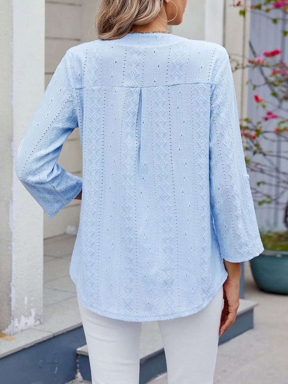 Eyelet Notched Roll-tab Sleeve Top (19)