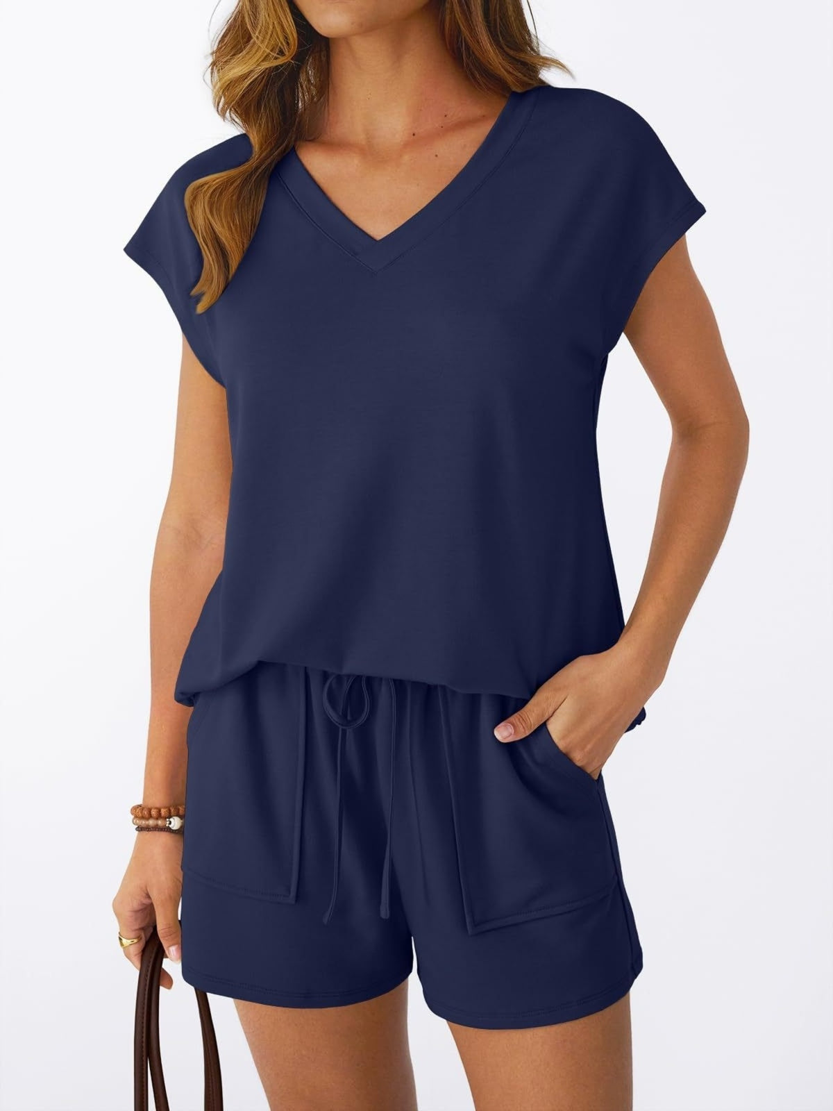 Casual V-neck T-shirt Shorts Set (17)