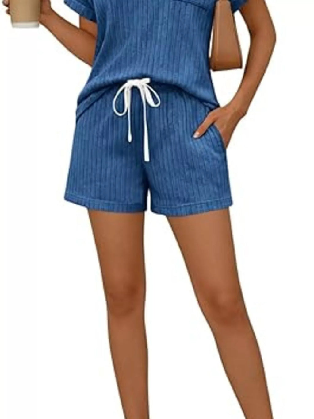 Casual Ribbed Knit Tee Shorts Set (17)