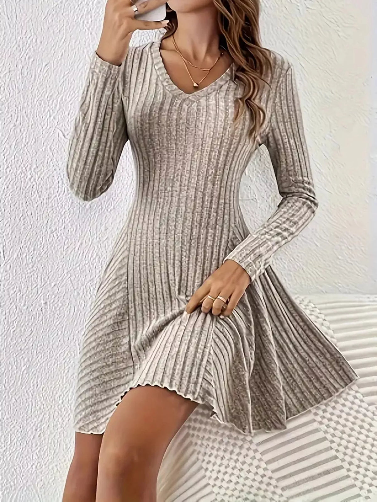 V-neck Ribbed Knit A-line Dress (12)