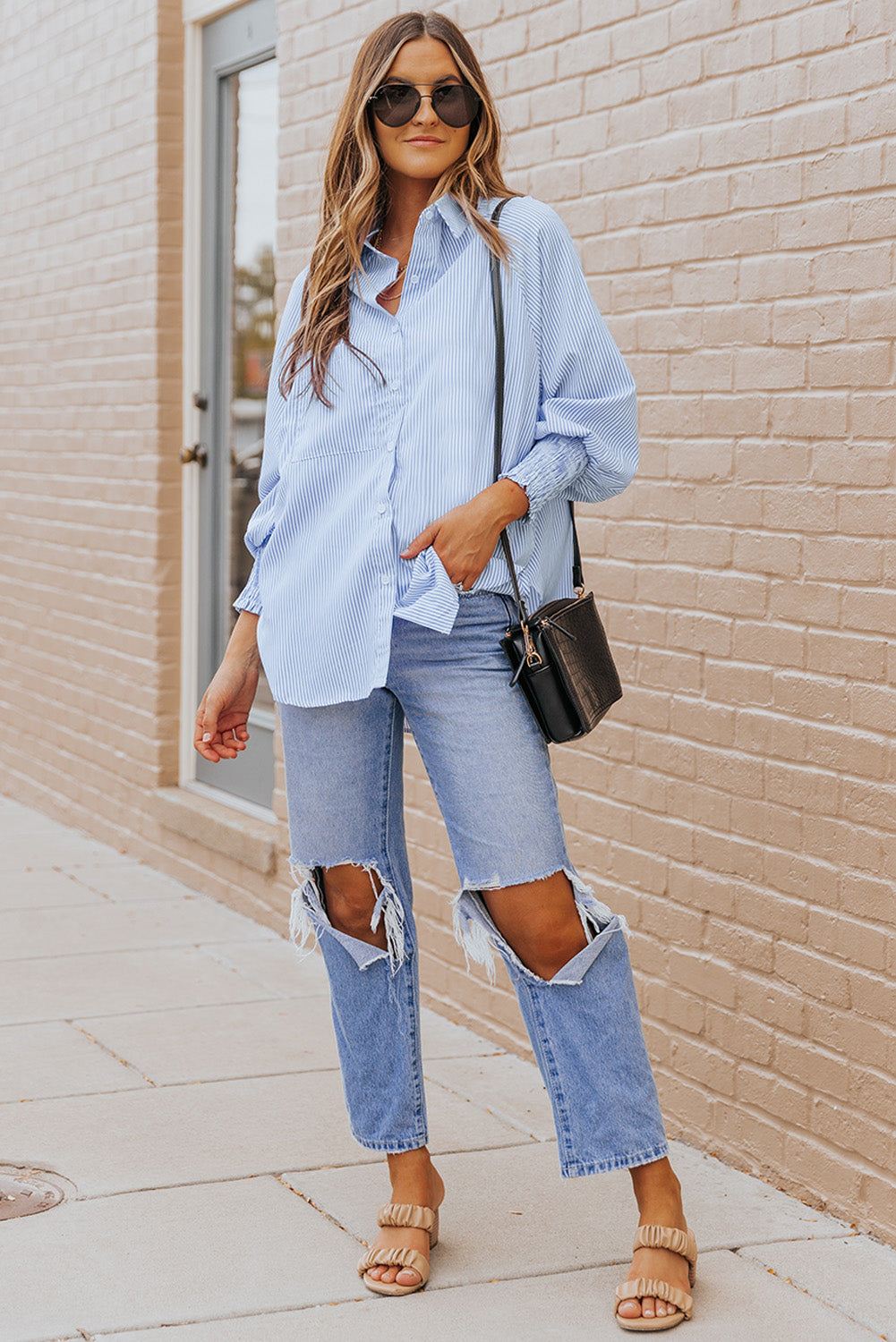 Striped Lantern Sleeve Collared Shirt (8)