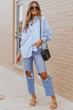 Striped Lantern Sleeve Collared Shirt (8)