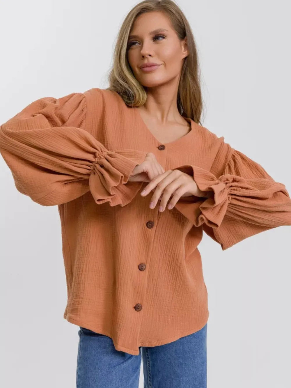 Button Up Flounce Sleeve Shirt (5)